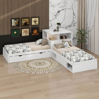Twin Size L-Shaped Platform Bed With Storage Cabinets,Desk,Trundle And LED Light