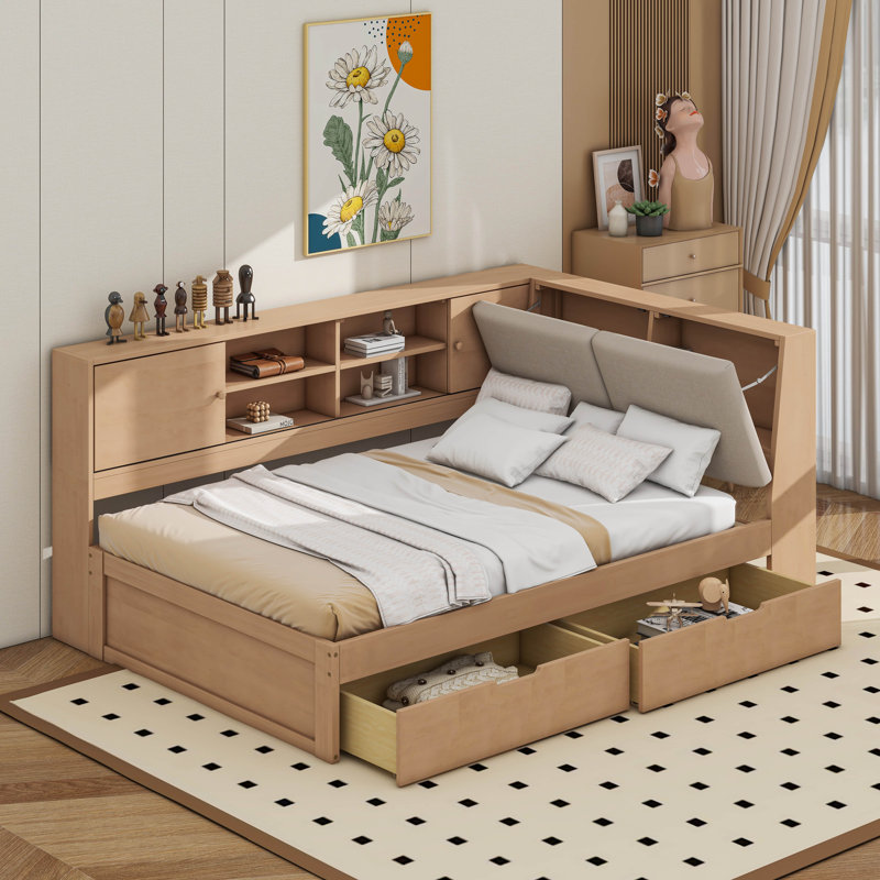 Full Size Corner Bed Frame With Storage Bookcase And Upholstered Headboard, Charging Station And Drawers, Natural, Full