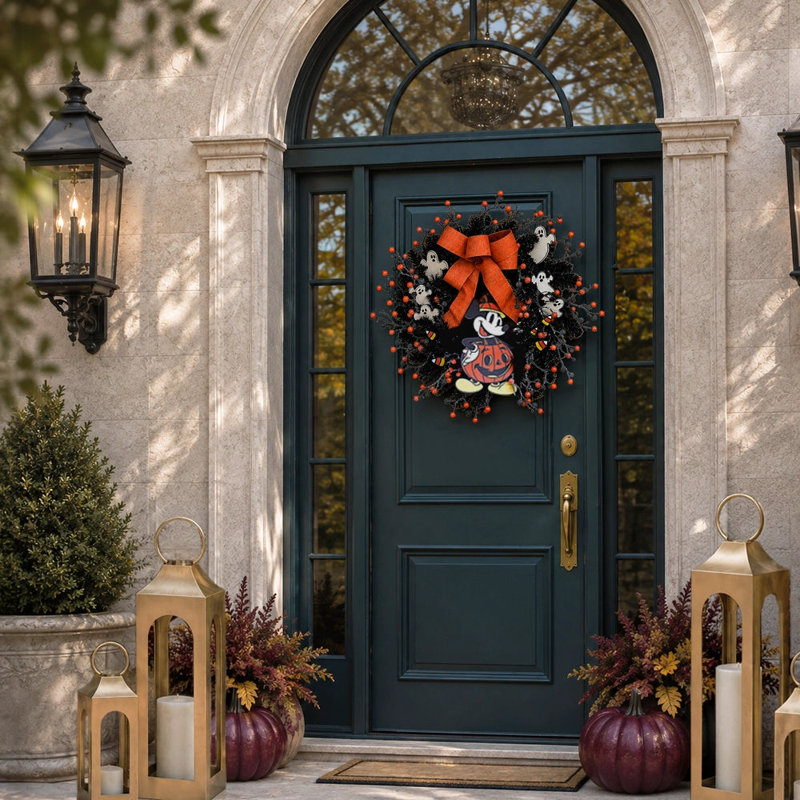 Disney Mickey Mouse 26-Inch Pre-Lit Halloween Wreath with 45 LED Lights, Orange and Black Decor