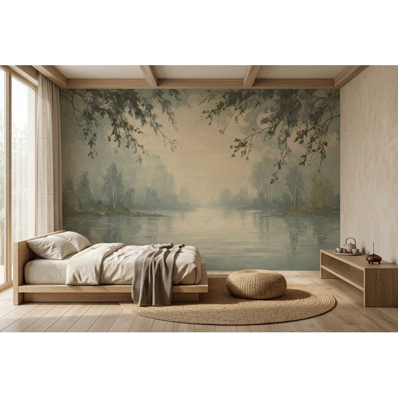 Papier peint Misty Lake Landscape, 200 po x 120 po, Peler et coller