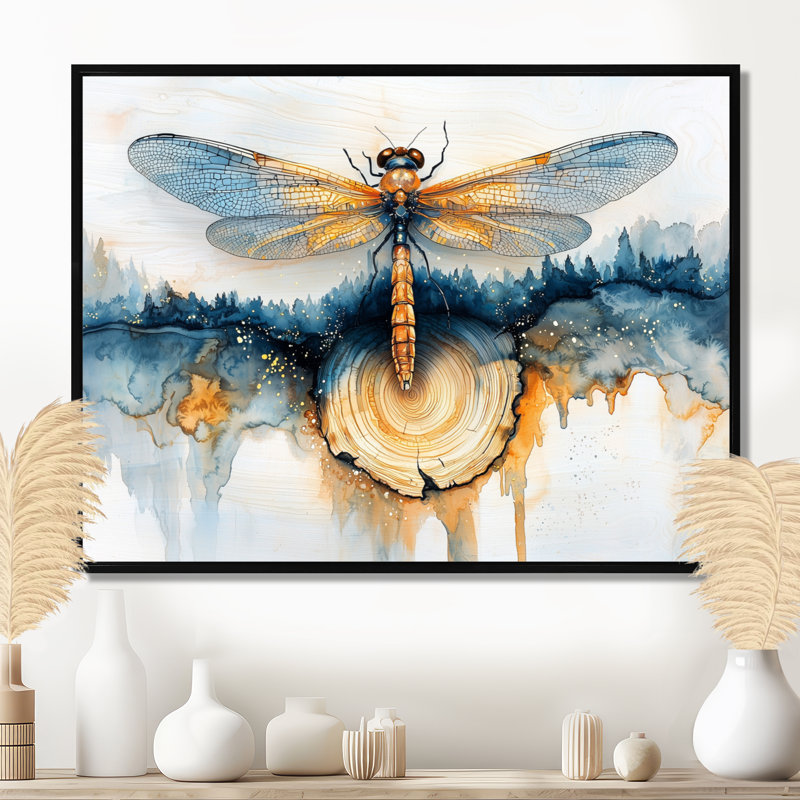 Art moderne libellule Serenade I - Libellule, H 30 po x l 40 po, Noir, Floater Framed