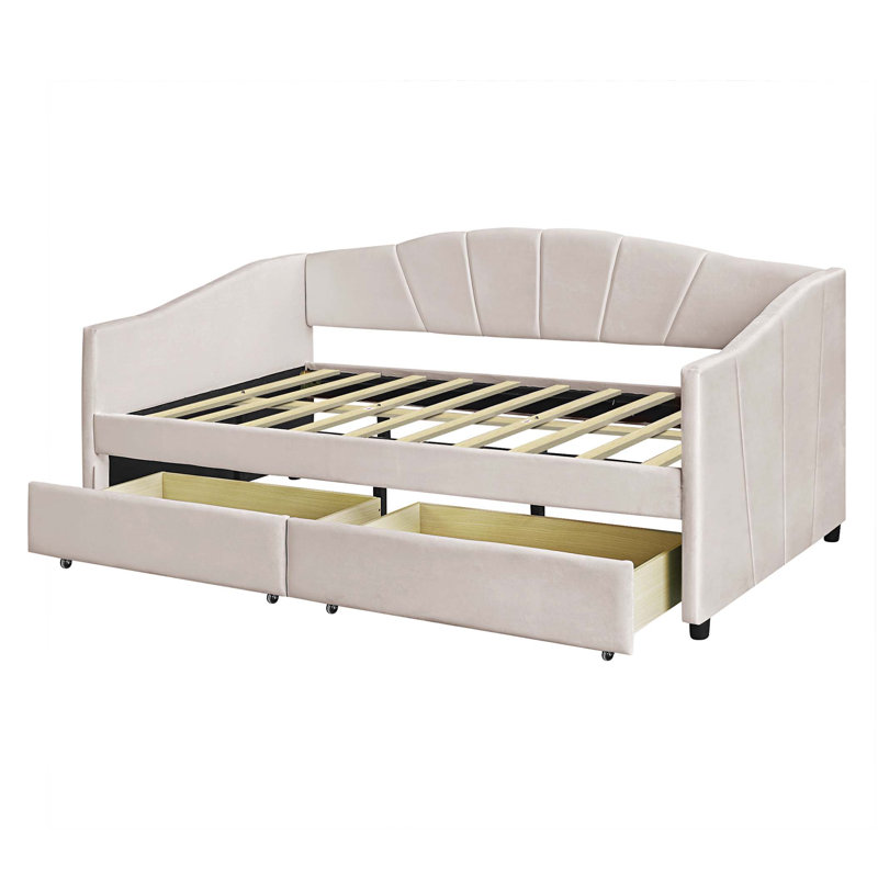 Upholstered daybed Twin Size with Two Drawers and Wood Slat, Beige