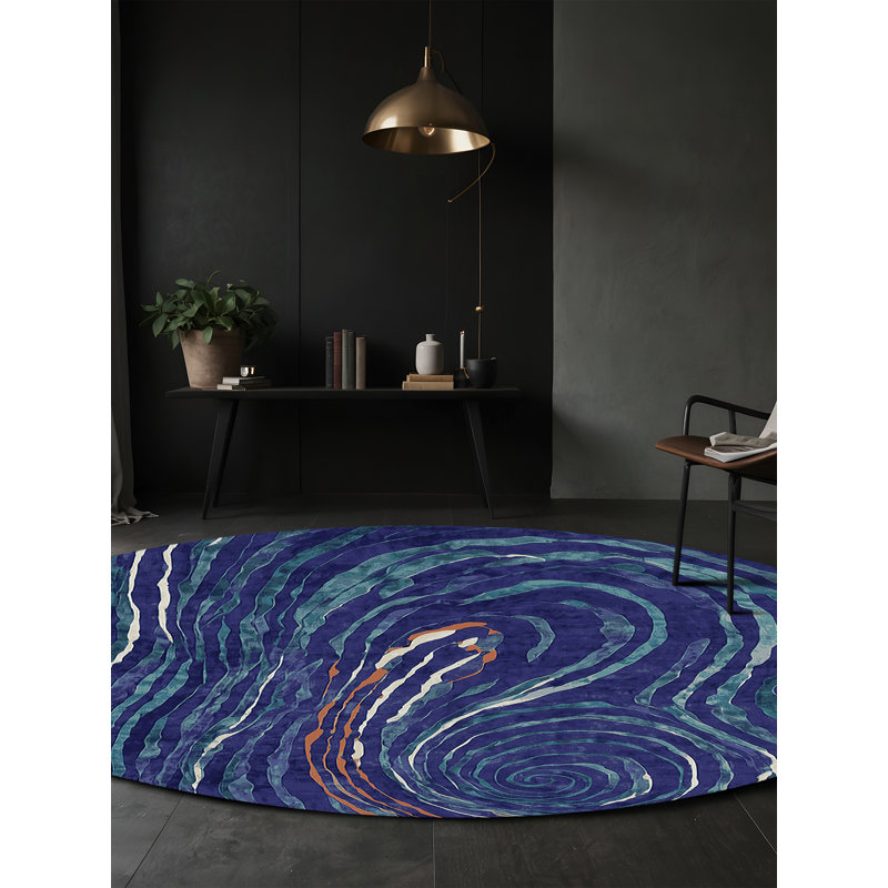 Tapis bleu lavable à la machine, Rond 8 pi