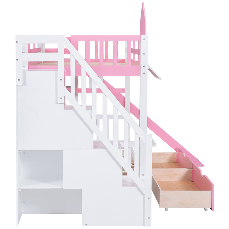 Lit superposé de style rose Twintwin, 2 tiroirs, 3 tablettes, glissoire, bois de pin massif et grande capacité de poids, idéal pour la rénovation de la chambre à coucher