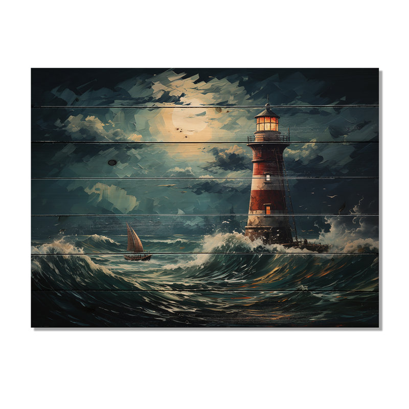 Phare sur mer orageuse I - Phares sur bois, H 30 po x l 40 po x P 0,78 po
