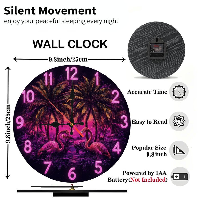 Horloge flamant rose néon avec palmiers