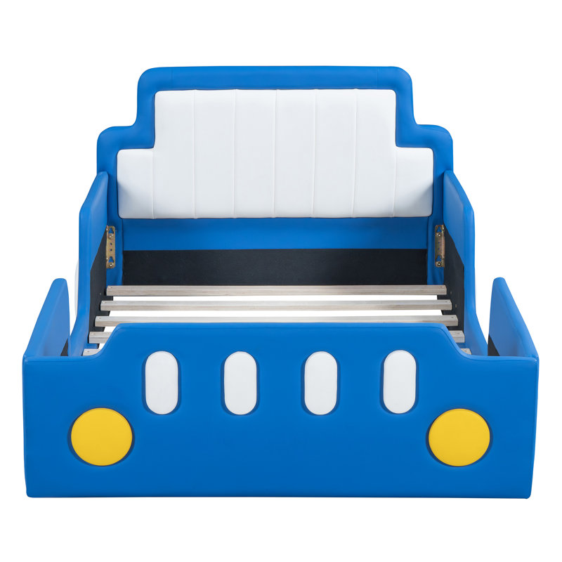 Lit simple avec roues en forme de voiture de course, bleu, assurant des roues de sommeil saines et reposantes, couleur bleue, offrant une expérience de sommeil confortable