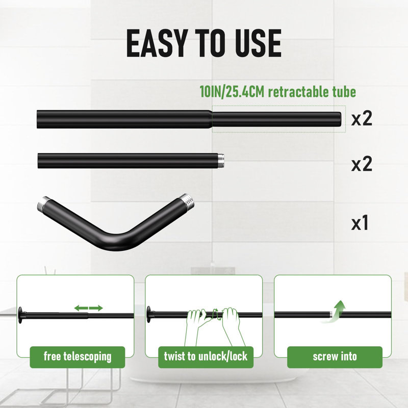 Black L-Shaped Shower Curtain Rod, 23–53", 12 Hooks