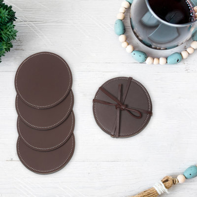 Sous-verres ronds en cuir véritable 4 pièces noir