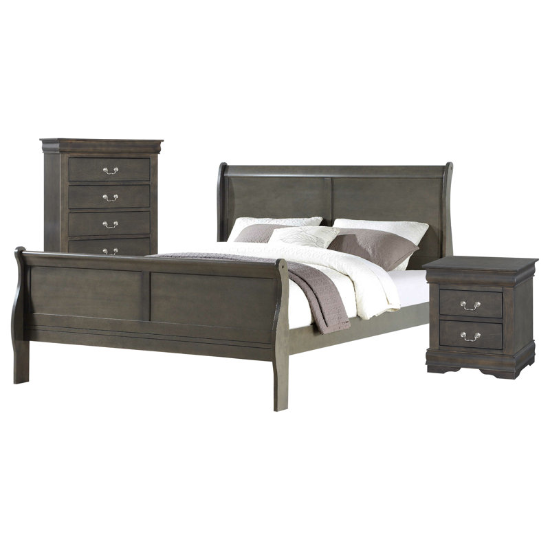 Ensemble de chambre à coucher Engstrom, Gris foncé, Très grand, 3 pièces : 1 table de chevet, 1 commode, 1 lit