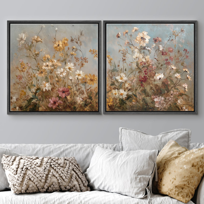 Warm Rustic Daisy and Meadow Flower Botanical Wall Decor Framed Master Bedroom Wall Art Work 2 Pieces Print, 24" H x 24" W