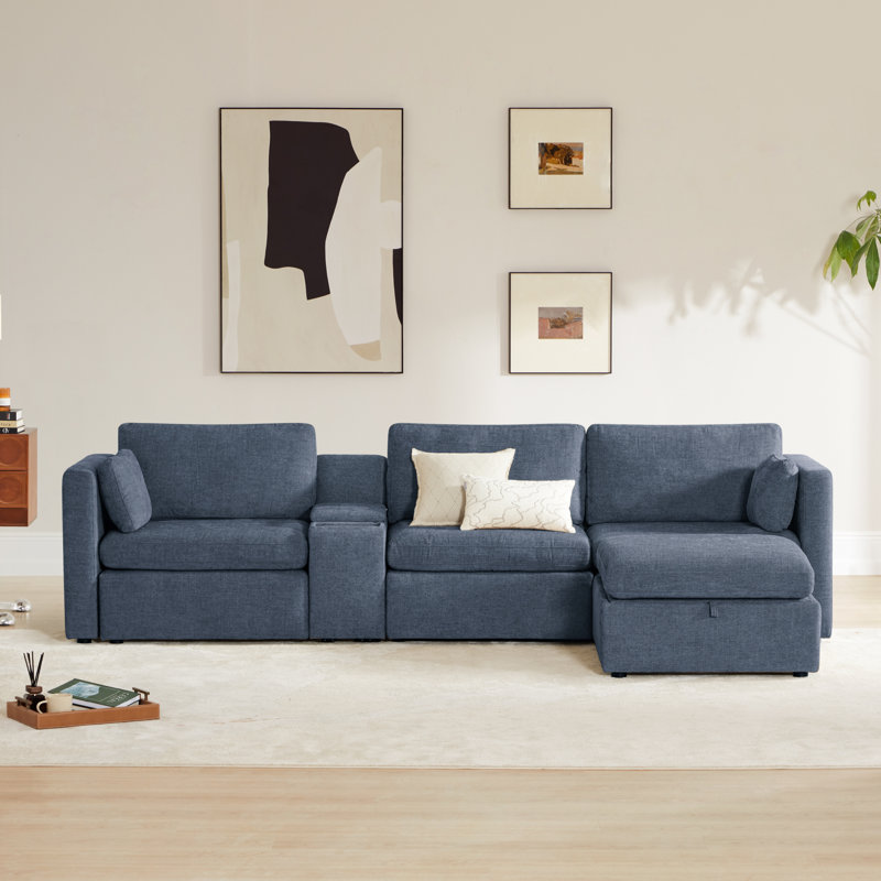 Canapé modulaire 4 pièces avec console Winfree, Polyester bleu