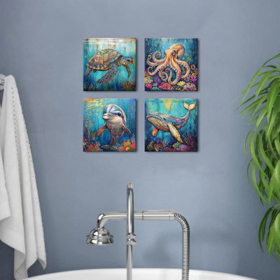 Sea Turtle Bathroom Wall Decor Beach Wall Art Kids Bedroom Ocean Animal Octopus Whale Dolphin Canvas Prints Teal Coastal Painting Marine Life Artwork For Living Room Home Decoration 12X12" 4P