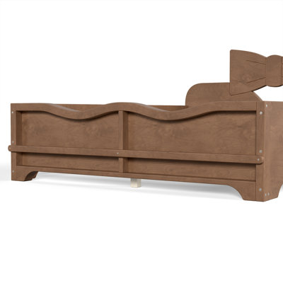Kids Platform Bed with Full Surround Guardrails, Cute Bowknot Shaped Headboard and Built-in Side Bookshelf, Wood Finish Floor Bed, Low Profile, No Box Spring Needed