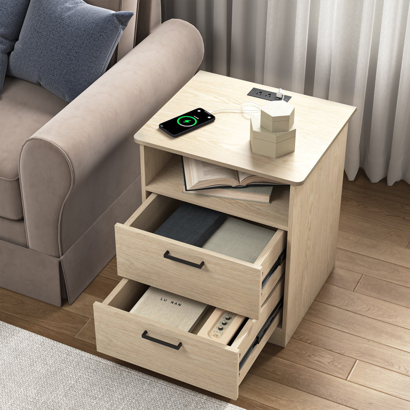 2 Drawers Nightstand With Charging Station, Beige