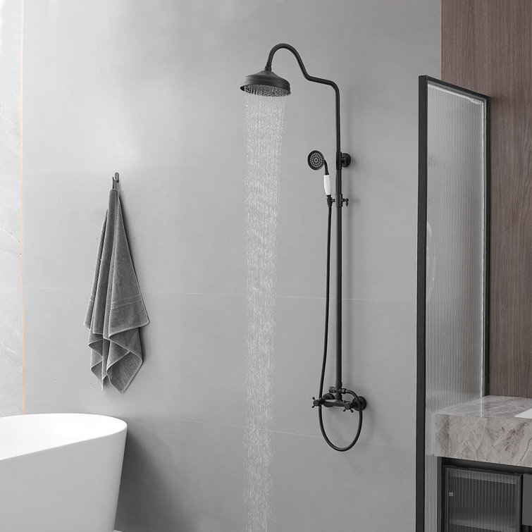 2-Spray Round Wall Bar Shower Kit With Hand Shower Dual Cross Handles Mixer Shower System Taps In Matte Black