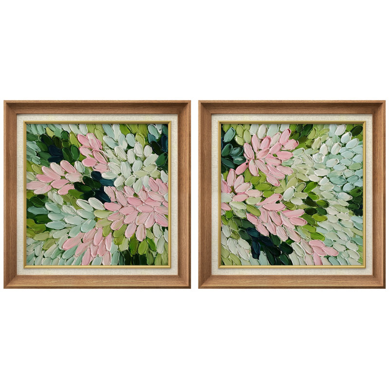 «Modern Modern Abstract Rose and Green Petal Composition», impression encadrée sur papier, 2 pièces, Naturel