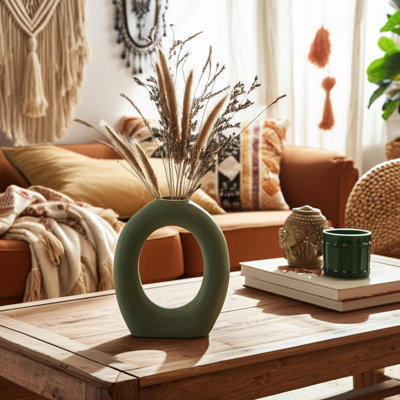 Stoneware Ceramic Vase with Sculptural Circular Design and Textured Detail, Modern Contemporary Sleek Decorative Accent