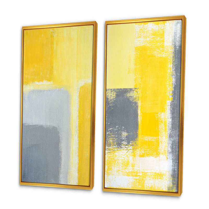 «Gray and Yellow Modern Art III», ensemble de 2 peintures sur toiles, H 40 po x l 40 po x P 1 po, Cadre flottant doré