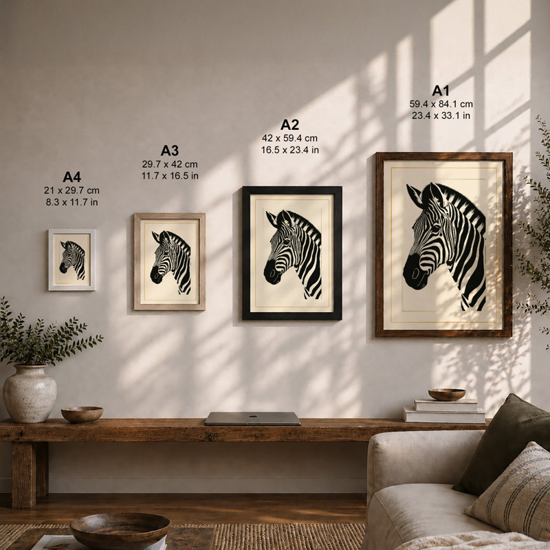 Zebra in Profile Minimalist - Framed Print, A1 - 84.1 x 59.4 cm, Oak