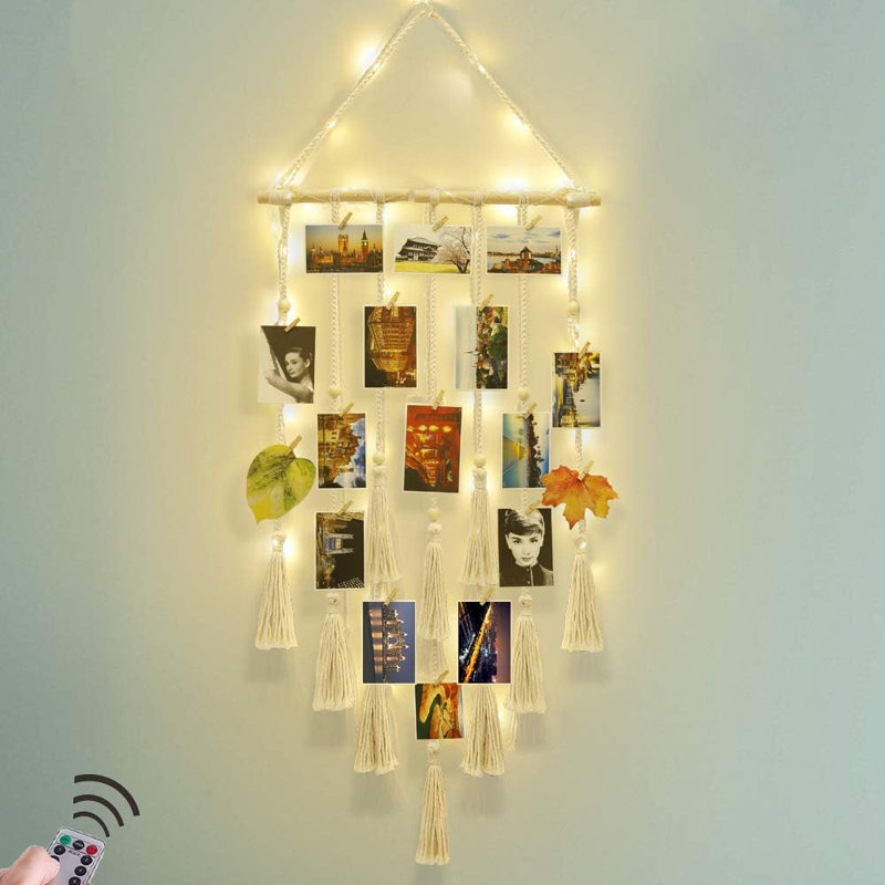Décoration murale suspendue, décoration de chambre bohème en macramé, planche de collage avec pince à lumière 30, cadeaux d'adolescente de Noël, 10 11 12 13 14 ans