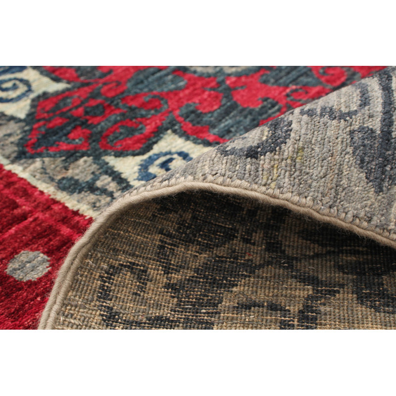 Tapis carré rouge en laine noué à la main de conception unique de style années 2010 rouge foncé / gris 8 pi 1 po Lexi-May Lexi-May