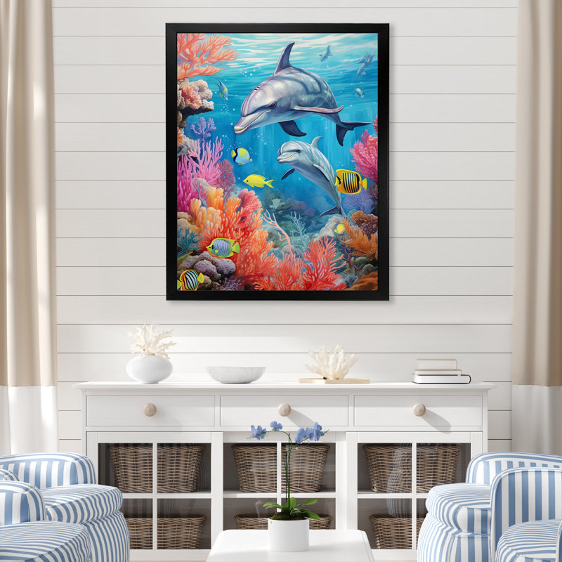 «Dolphin Family Ocean Ballet» sur toile, H 40 po x l 30 po x P 1,5 po, Cadre simple noir