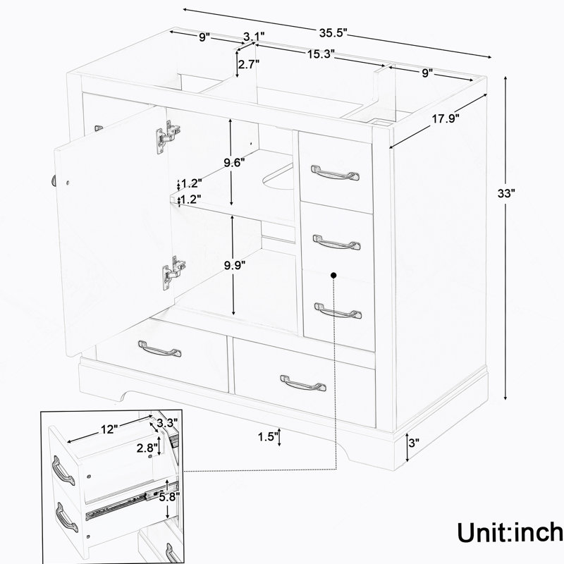 36" Bathroom Vanity without Sink, Cabinet Base Only