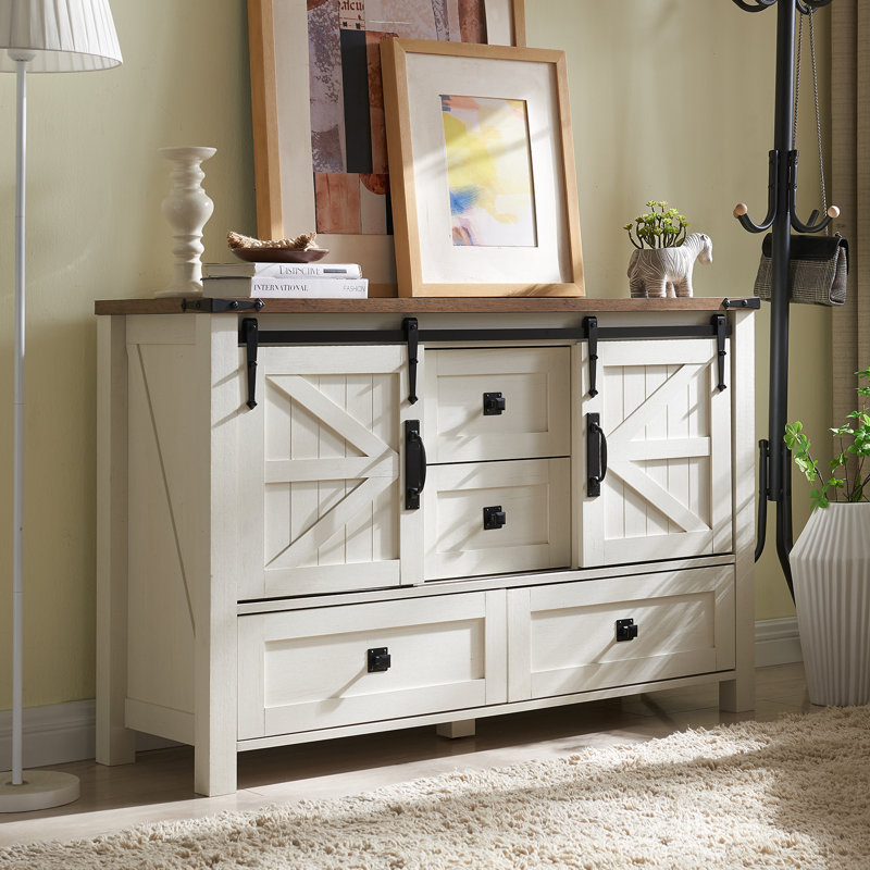 Commode de chambre à coucher avec 4 tiroirs et portes de grange coulissantes Terramuggus, Blanc antique / chêne