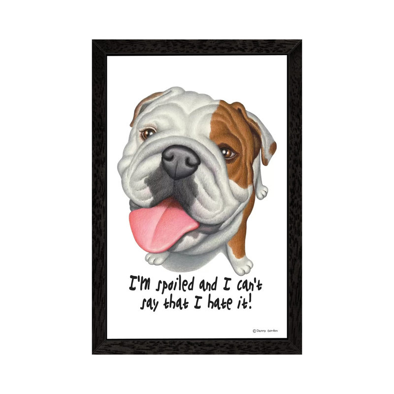 Bulldog With Sign - Print on Canvas, 66.04 cm H x 45.72 cm W, Black Floater Framed