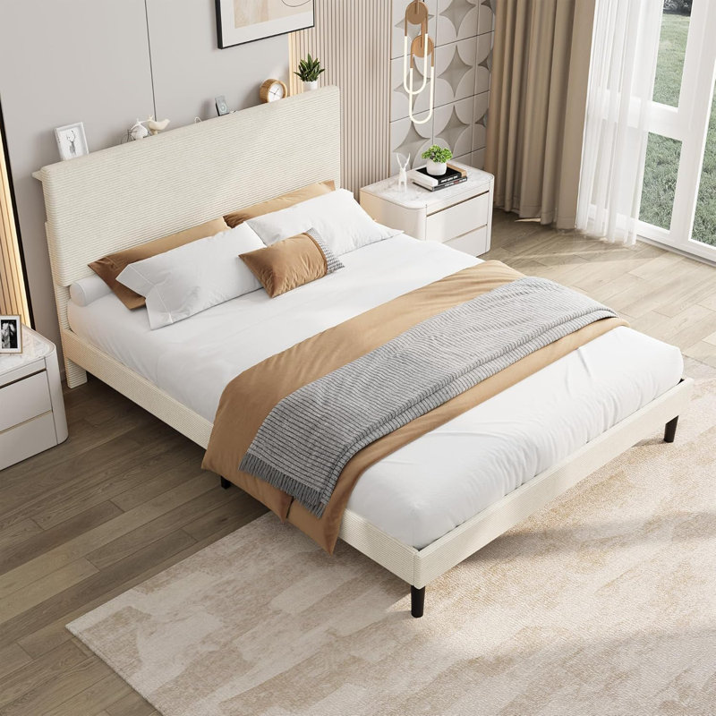 Structure de lit avec station de charge USB, structure de lit tapissier en velours côtelé avec tête de lit réglable, support de lattes en bois, aucun sommier requis, assemblage facile
