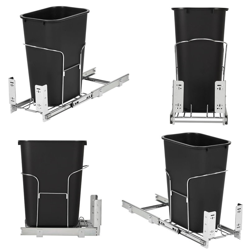 Pullout Under-Cabinet Trash and Recycling Bin with Soft-Close Full-Extension Slides, Space-Saving Gray Stainless Steel Multi-Purpose Waste Container with 100 lb Weight Capacity