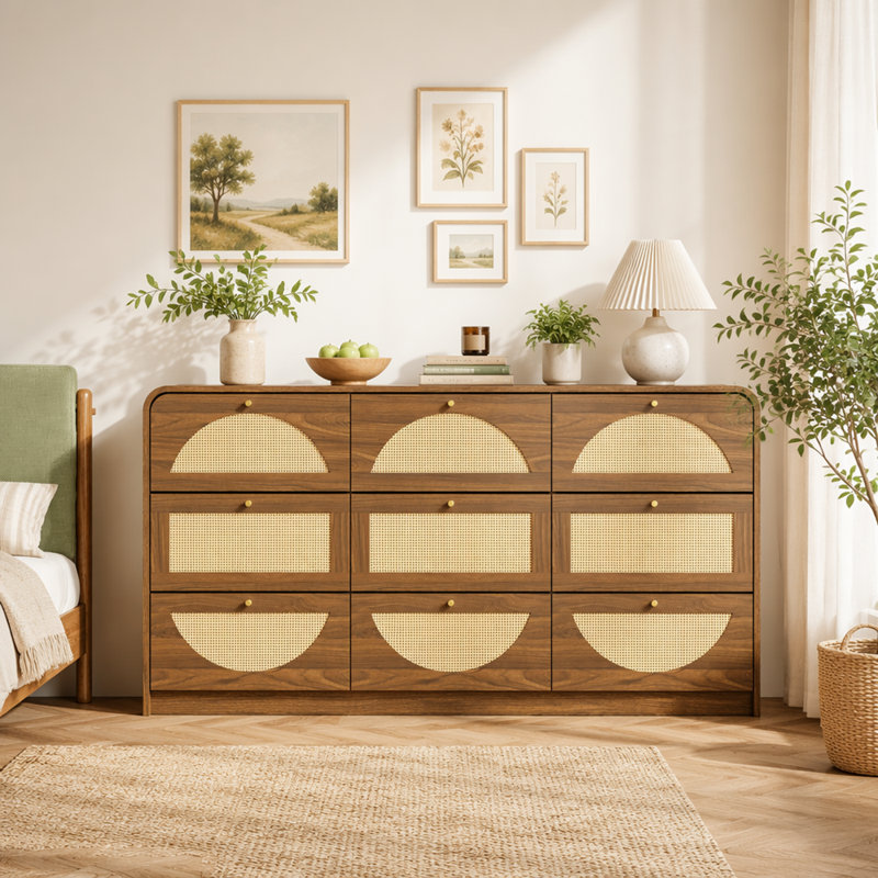 Commode 9 tiroirs avec façade en rotin, grande commode en panneau de particules, armoire de rangement moderne pour le salon de la chambre à coucher, structure robuste et grande capacité