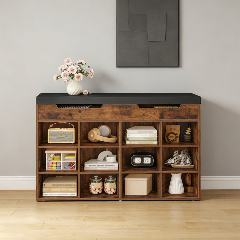 12 Pair Shoe Storage Bench, Rustic Brown