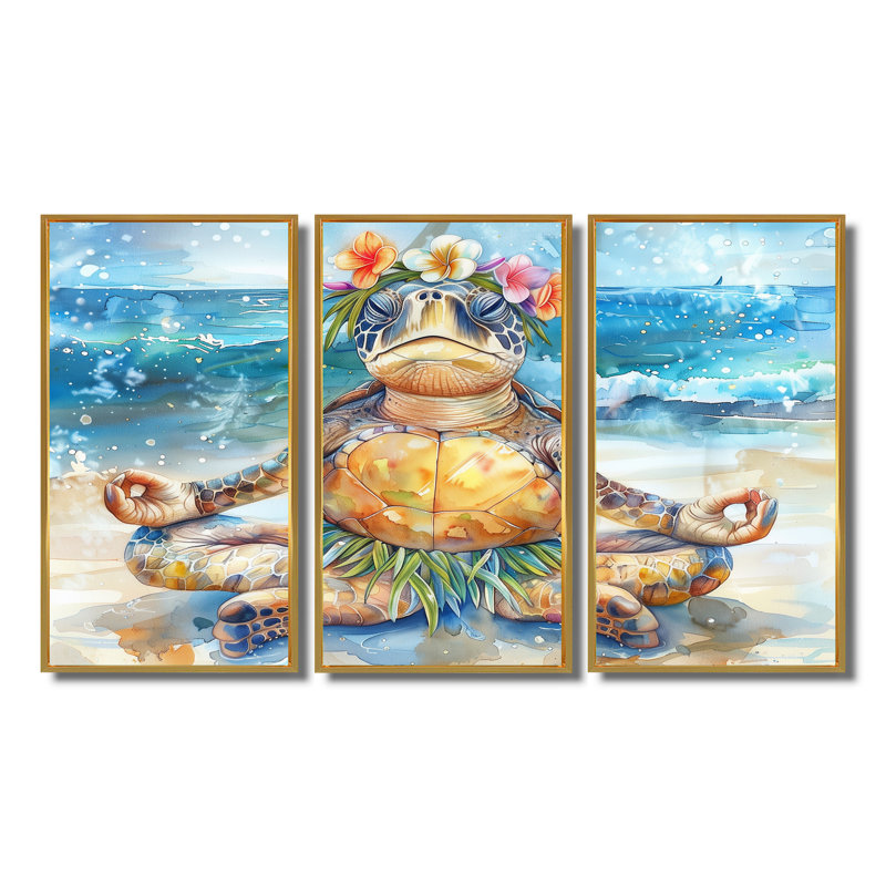 Ensemble d'art mural Saligurar - Tortue, H 28 po x l 36 po x P 1 po, Toile avec cadre flottant or