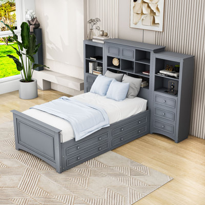 Lit plateforme simple en bois 14 tiroirs avec armoire tout-en-un