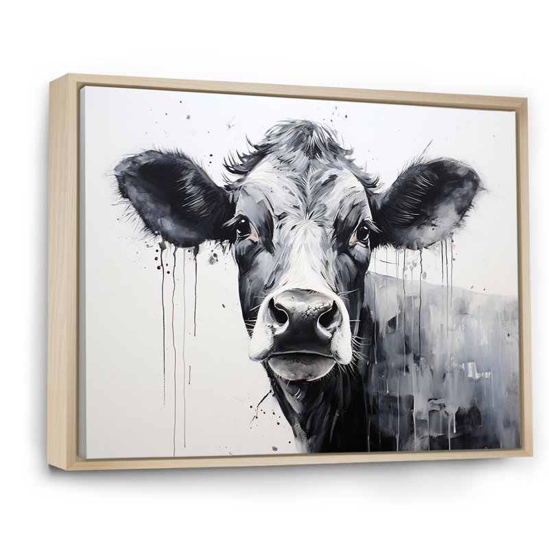 Minimalisme noir et blanc «I» - Vache, art mural, Cadre naturel flottant, H 16 po x l 32 po x P 1 po