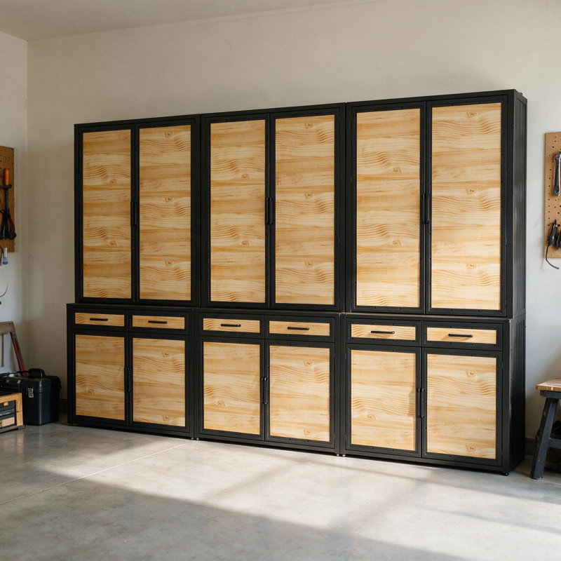 Système de rangement pour garage en bois massif de 141,6 po de largeur avec armoires à double porte et tiroirs