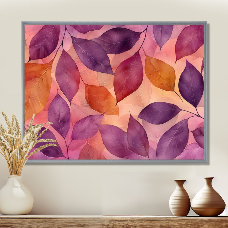 Coucher de soleil sur feuilles III - feuilles, art mural, Argent argent, H 30 po x l 40 po, Impression encadrée flottante
