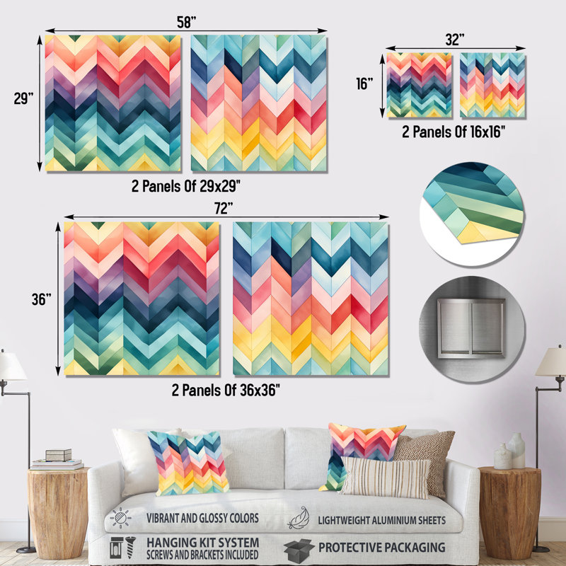 Watercolor Caprice Multicolor Chevron Pattern - Abstract Shapes Metal Art Print Square Set Of 2, 16" H x 32" W