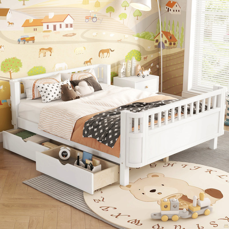 Lit plateforme double en bois pleine grandeur, lit double en bois à profil bas avec rails, Lit double, White