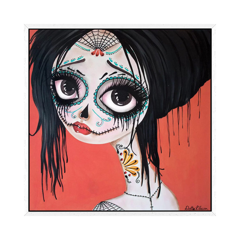 Day Of The Dead #10 by Dottie Gleason - Painting on Canvas, 45.72cm H x 45.72cm W x 3.81cm D, White Framed