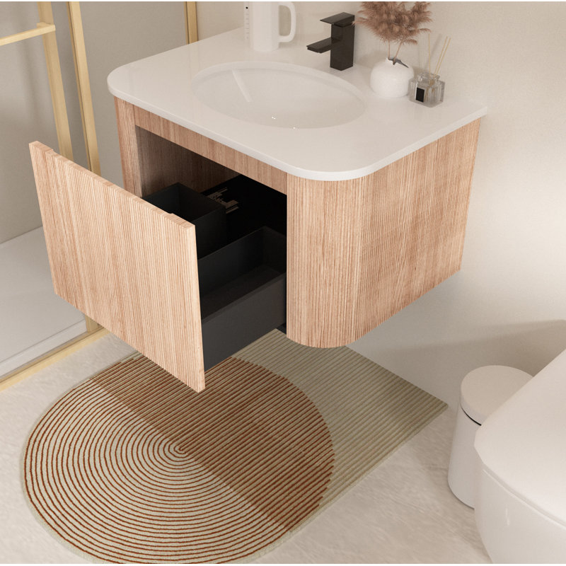 Meuble-lavabo mural de 30 po avec lavabo au design incurvé, finition en bois texturé ondulé, marbre de culture intégré intégré, meuble-lavabo flottant moderne pré-assemblé avec tiroir à fermeture en douceur