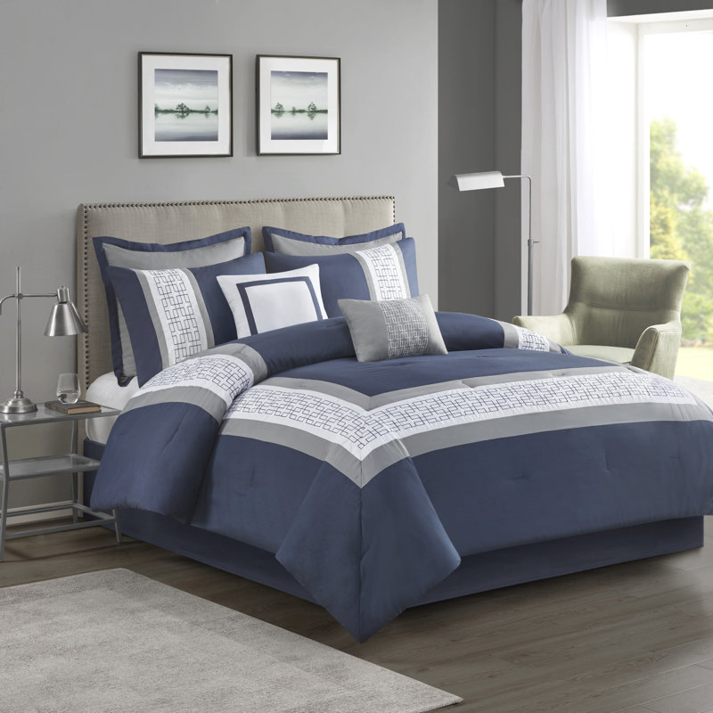 Navy and Gray Queen Microfiber 8-Piece Comforter Set