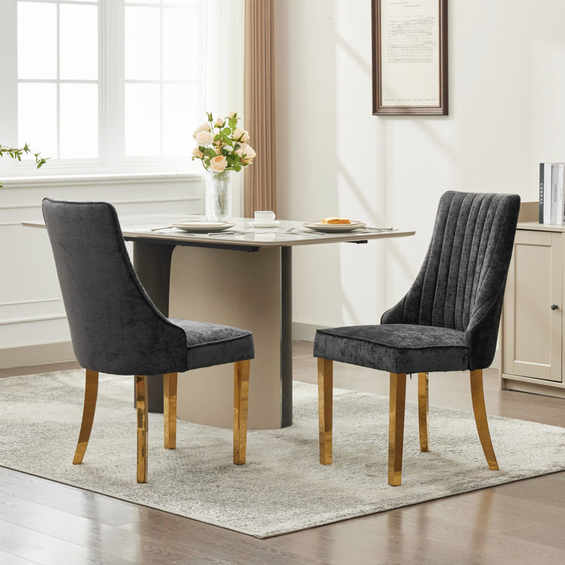 Chaises de salle à manger en chenille noires avec dossier noir en rayonne noire et acier inoxydable, Noir, Doré