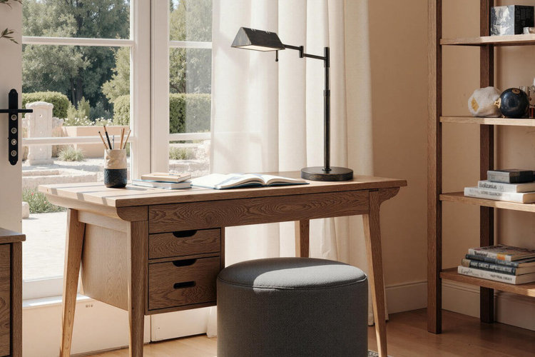 desk with adjustable task lamp illuminating a workspace by a window