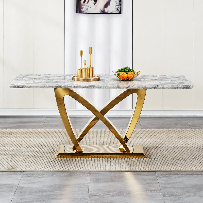 Table de salle à manger moderne en faux marbre (6 sièges), Gris, Argent argent