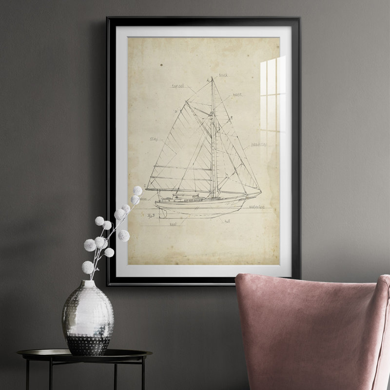 Voilier, plan III encadré sur papier, Cadre noir, H 24,5 po x l 18,5 po x P 1 po