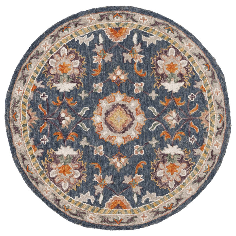 Hand Tufted Wool/Cotton Oriental Rug in White/Brown/Blue, Round 5'