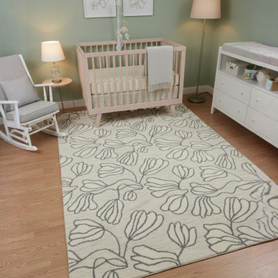 Bartz Authentic Hand-Tufted Handmade Ivory Grey Geometric Floral Wool Area Rug